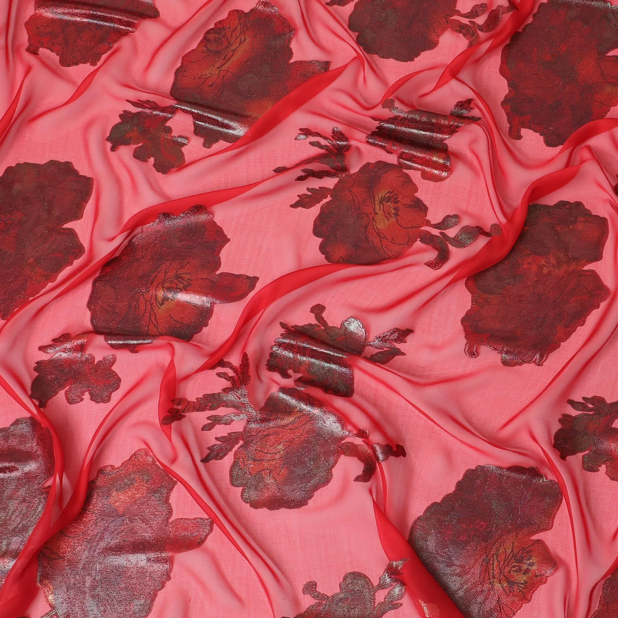 Crimson red Premium pure silk chiffon fabric with multicolor metallic lurex in floral design-D9700