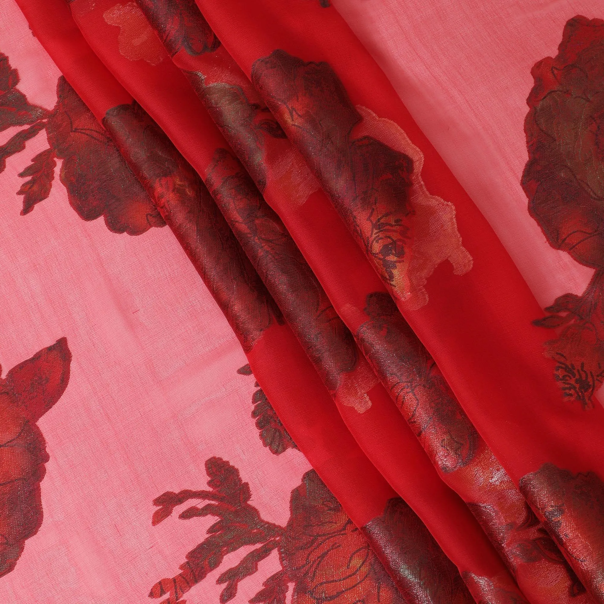 Crimson red Premium pure silk chiffon fabric with multicolor metallic lurex in floral design-D9700