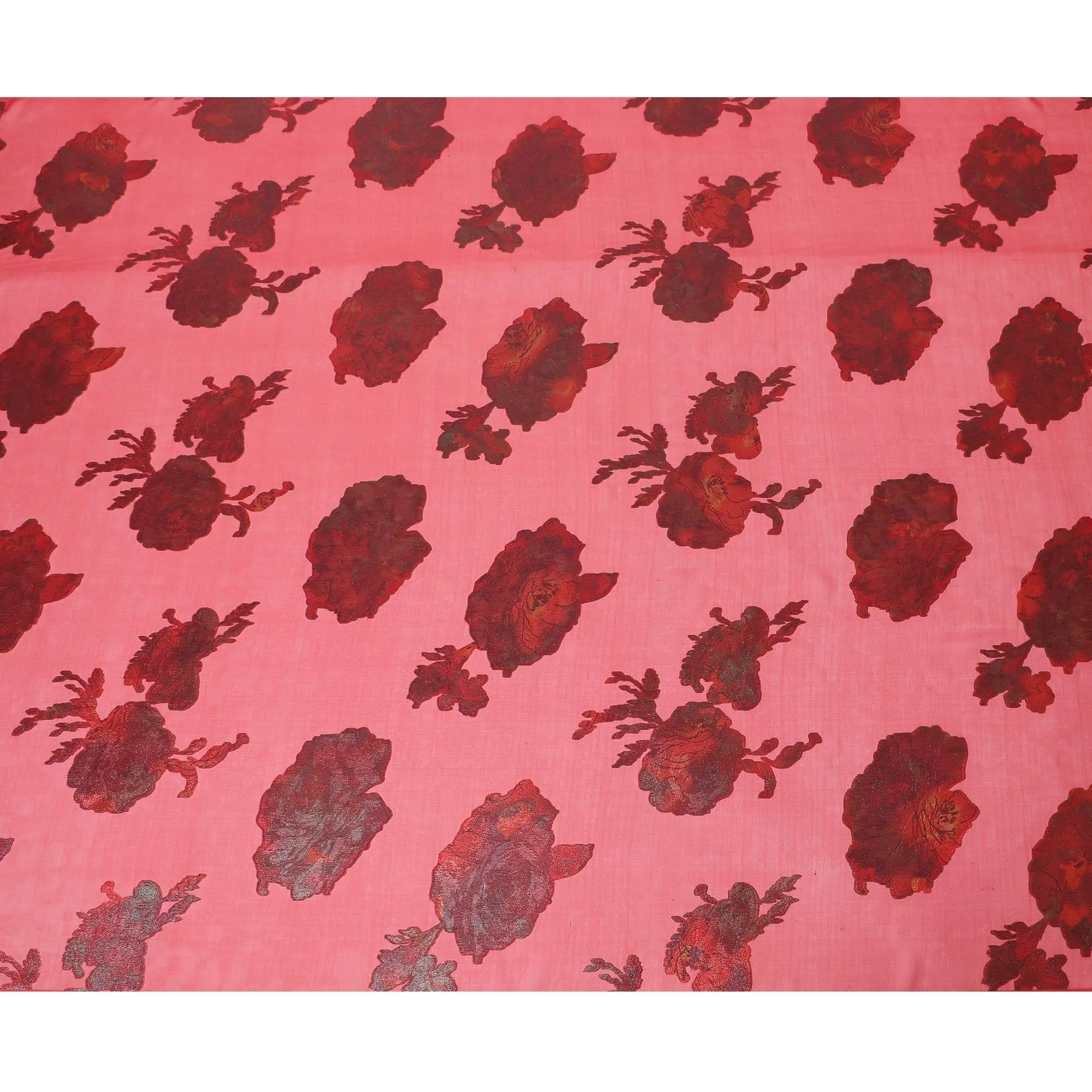 Crimson red Premium pure silk chiffon fabric with multicolor metallic lurex in floral design-D9700