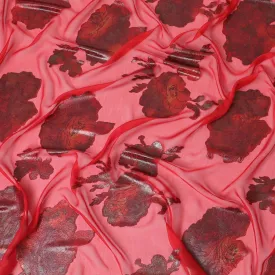 Crimson red Premium pure silk chiffon fabric with multicolor metallic lurex in floral design-D9700