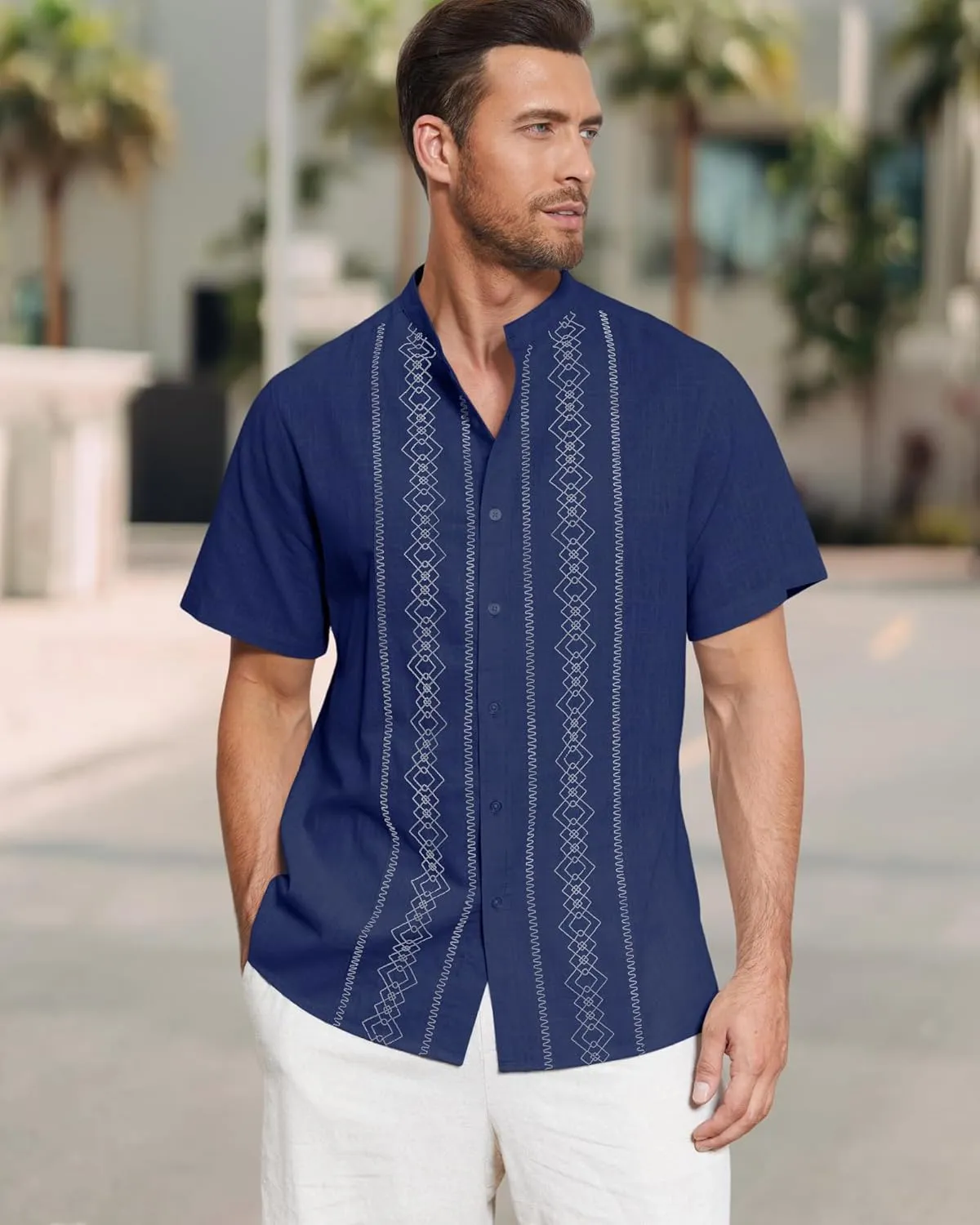 Cuban Guayabera Shirts for Men Short Sleeve Casual Button Down Shirt Band Collar Beach Camp Mexican Shirt