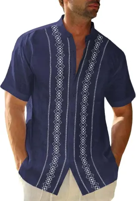 Cuban Guayabera Shirts for Men Short Sleeve Casual Button Down Shirt Band Collar Beach Camp Mexican Shirt