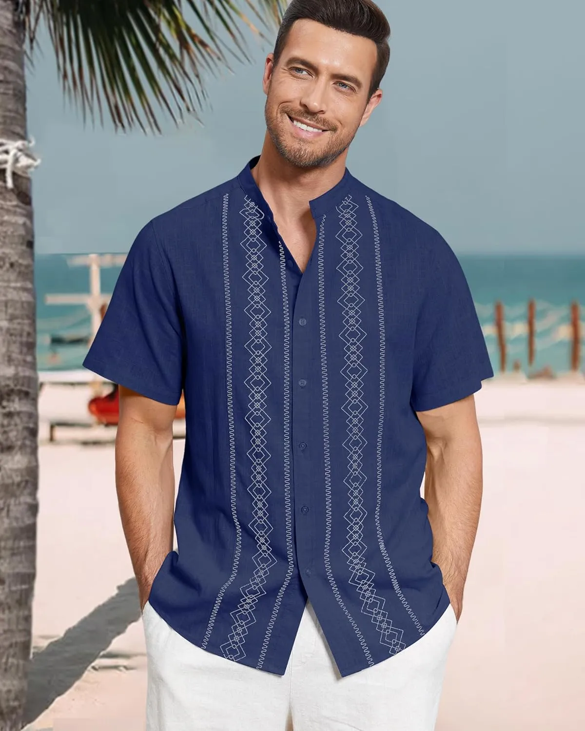 Cuban Guayabera Shirts for Men Short Sleeve Casual Button Down Shirt Band Collar Beach Camp Mexican Shirt