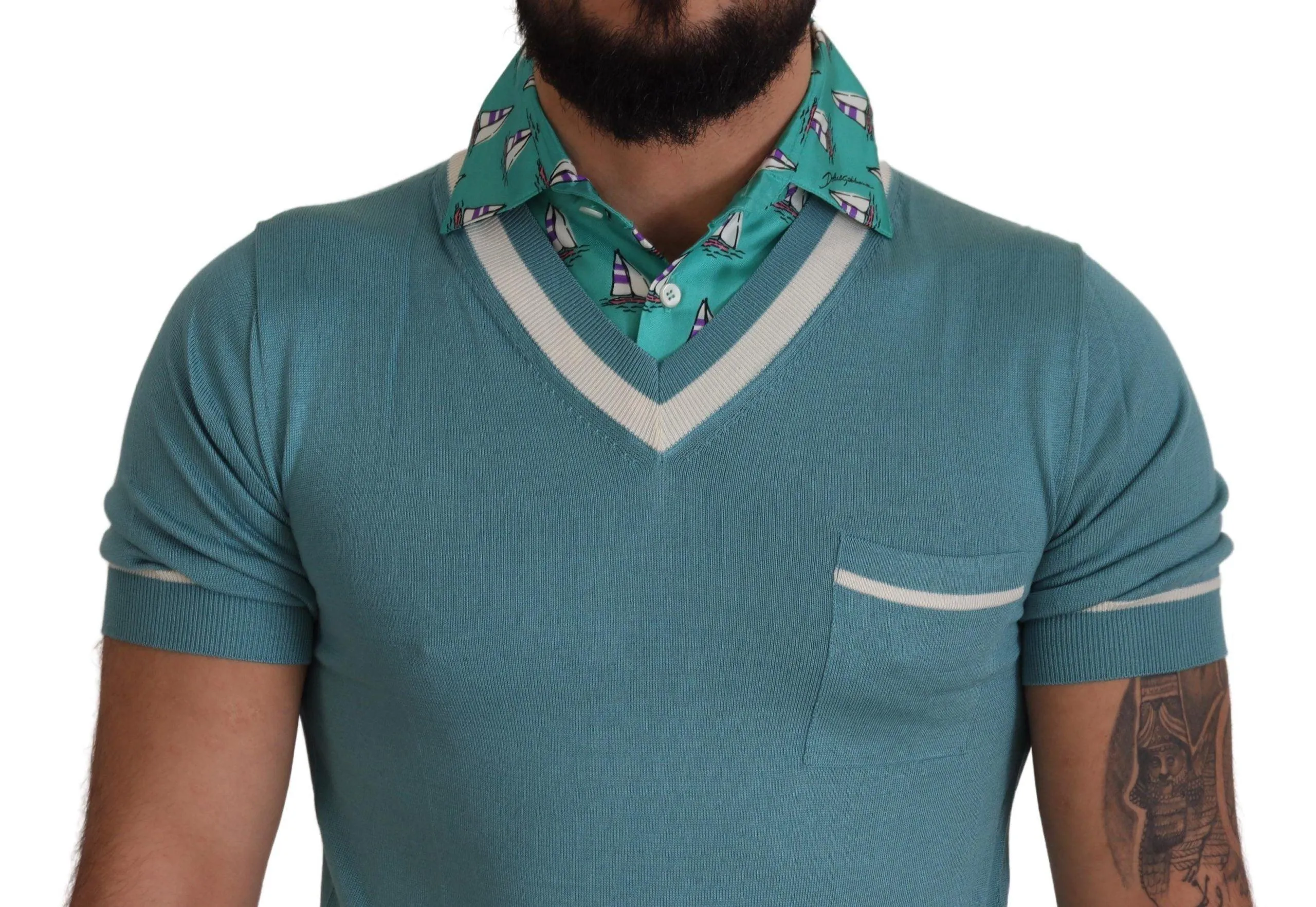 Dolce & Gabbana Blue Silk Polo Top Mens V-neck  T-shirt