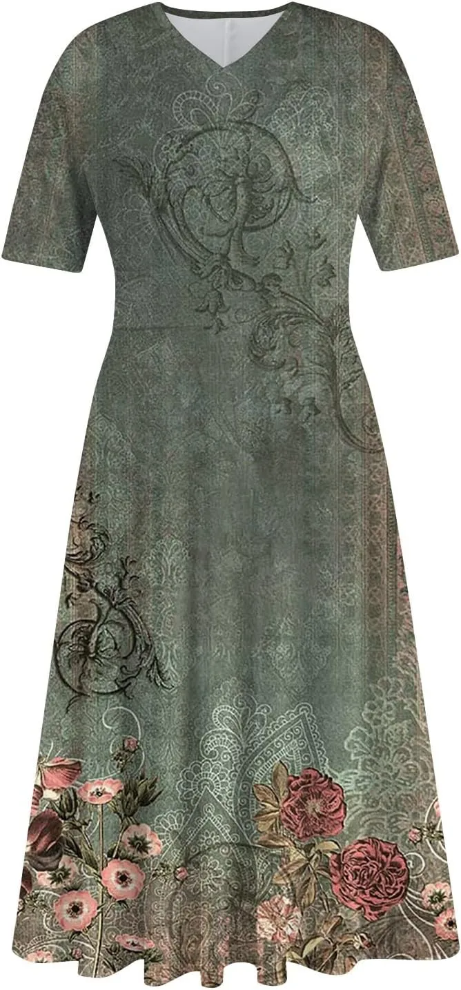 FlekmanArt Maxi Dress for Women Print Short Sleeve A-Line Beach Waist V Neck Trendy Swing Dress
