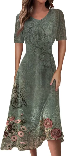 FlekmanArt Maxi Dress for Women Print Short Sleeve A-Line Beach Waist V Neck Trendy Swing Dress