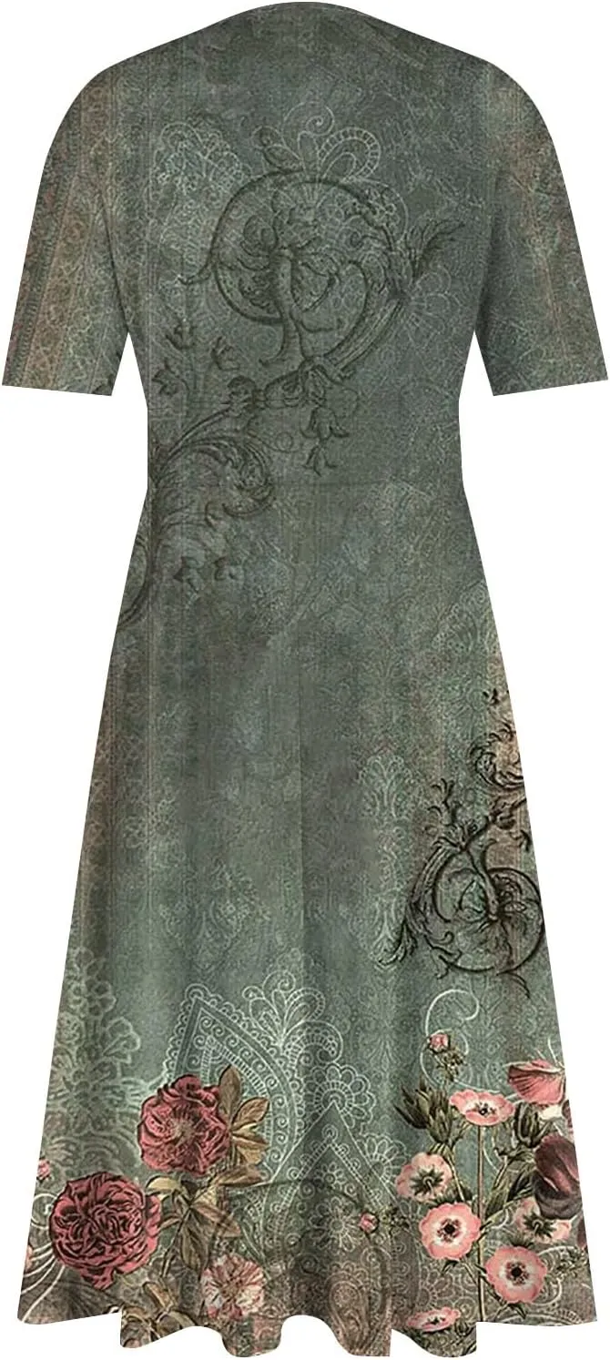 FlekmanArt Maxi Dress for Women Print Short Sleeve A-Line Beach Waist V Neck Trendy Swing Dress