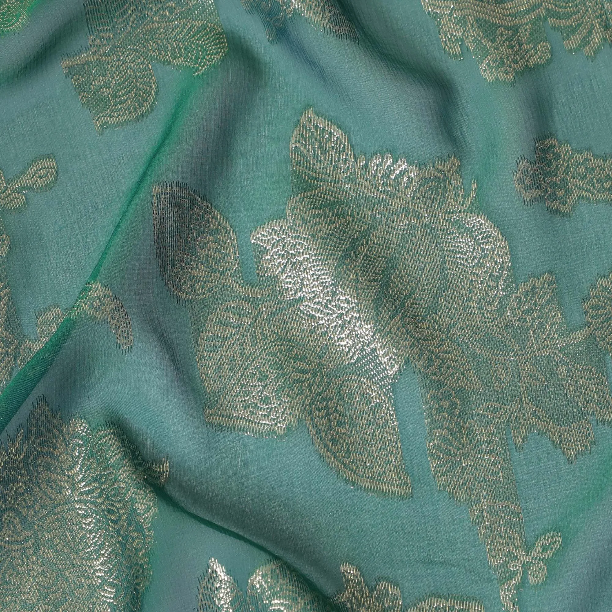 Forest green Premium pure French (Fransawi) silk chiffon fabric with gold metallic lurex in floral design-D16292