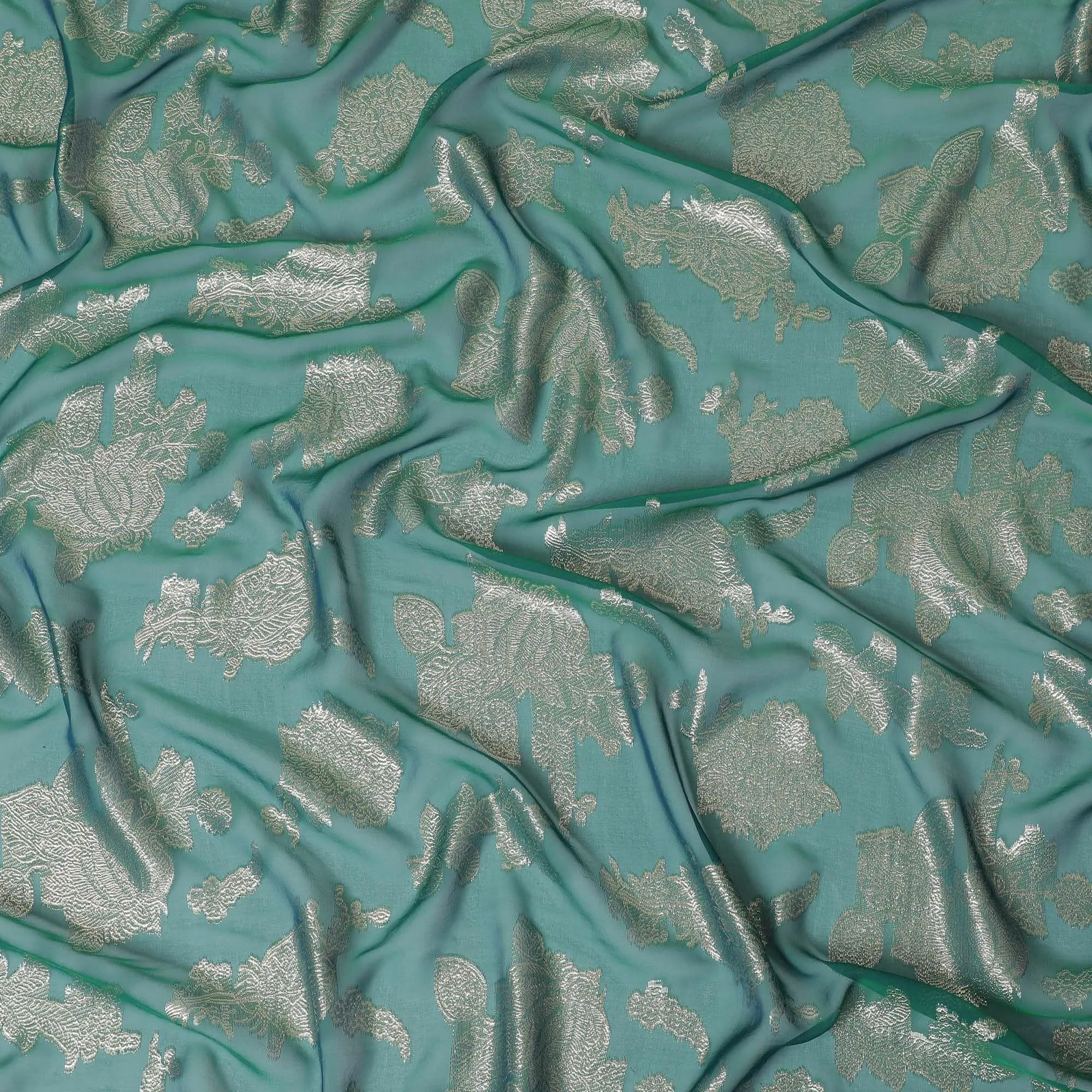 Forest green Premium pure French (Fransawi) silk chiffon fabric with gold metallic lurex in floral design-D16292