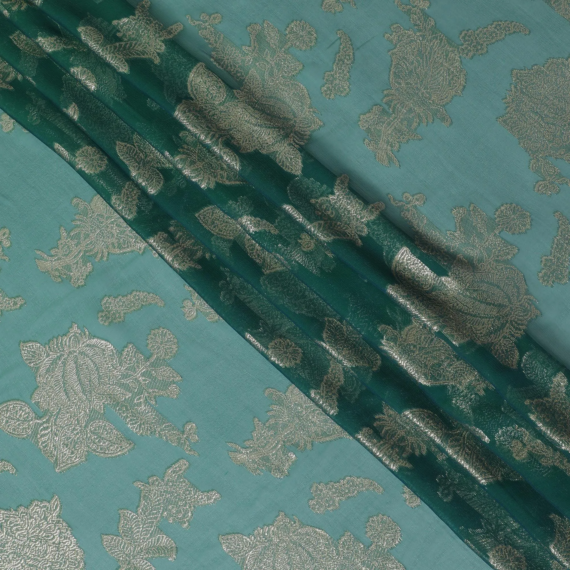 Forest green Premium pure French (Fransawi) silk chiffon fabric with gold metallic lurex in floral design-D16292