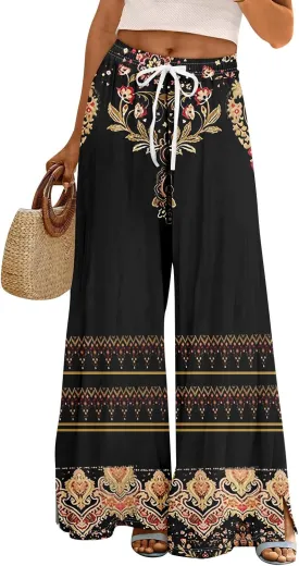 GOFULY Wide Leg Flowy Pants for Women Summer 2025 Beach Palazzo Pants High Elastic Waist Drawstring Side Slit Pockets Trouser