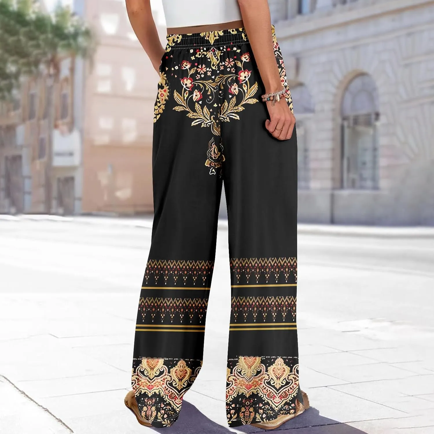 GOFULY Wide Leg Flowy Pants for Women Summer 2025 Beach Palazzo Pants High Elastic Waist Drawstring Side Slit Pockets Trouser