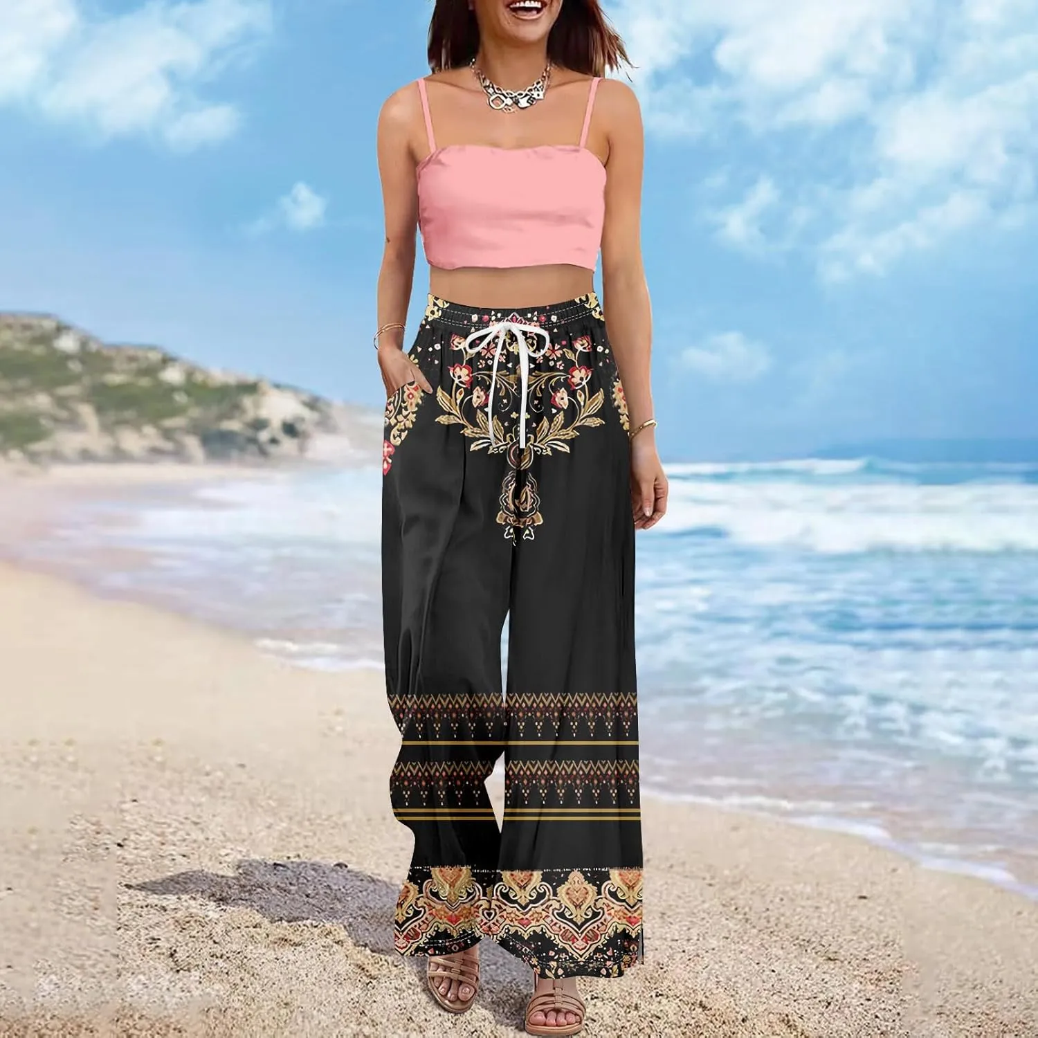 GOFULY Wide Leg Flowy Pants for Women Summer 2025 Beach Palazzo Pants High Elastic Waist Drawstring Side Slit Pockets Trouser