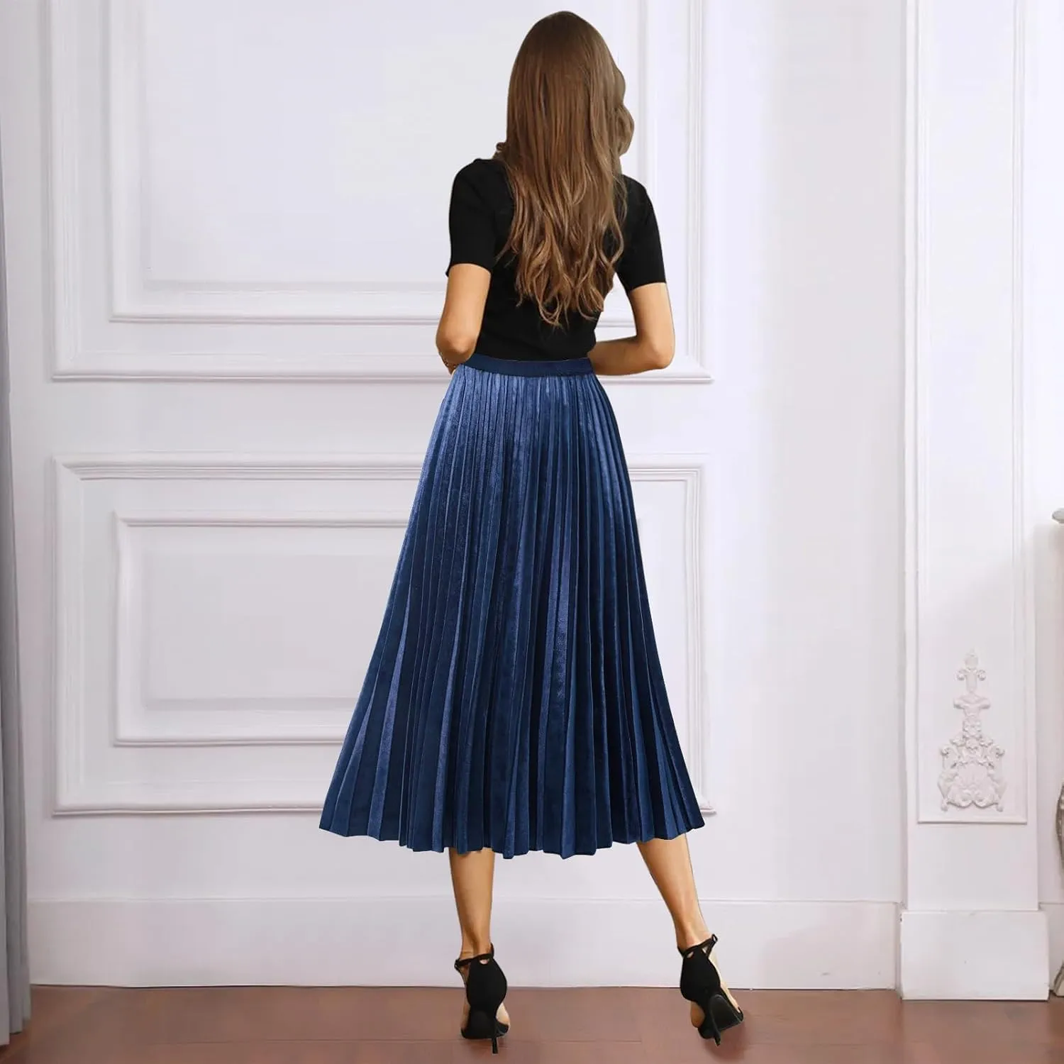 GOOBGS Women's Pleated A-Line High Waist Swing Flare Midi Skirt