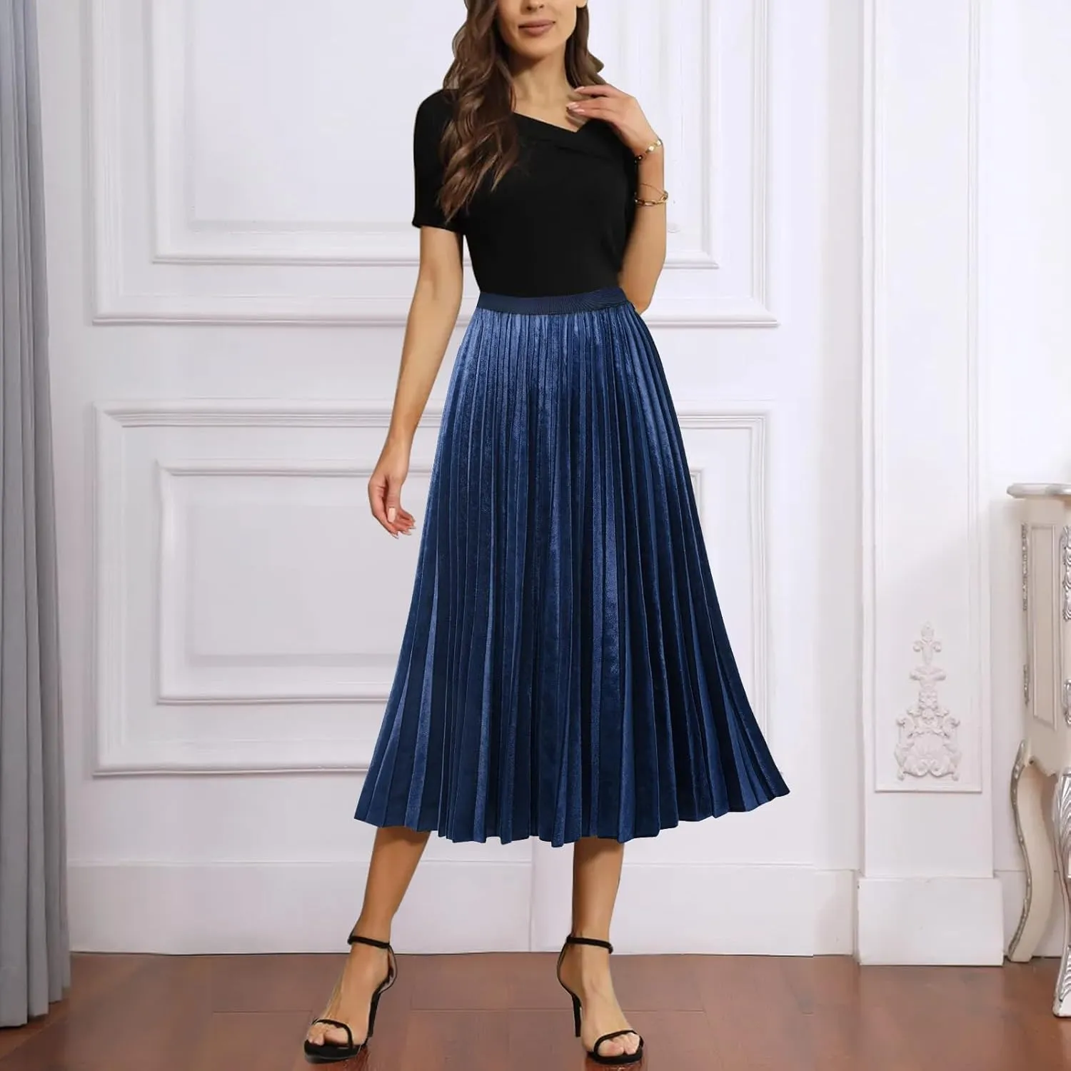 GOOBGS Women's Pleated A-Line High Waist Swing Flare Midi Skirt