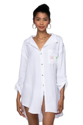 Good Vibes Cotton Gauze Shirt Mini Dress _ Salty Embroidery
