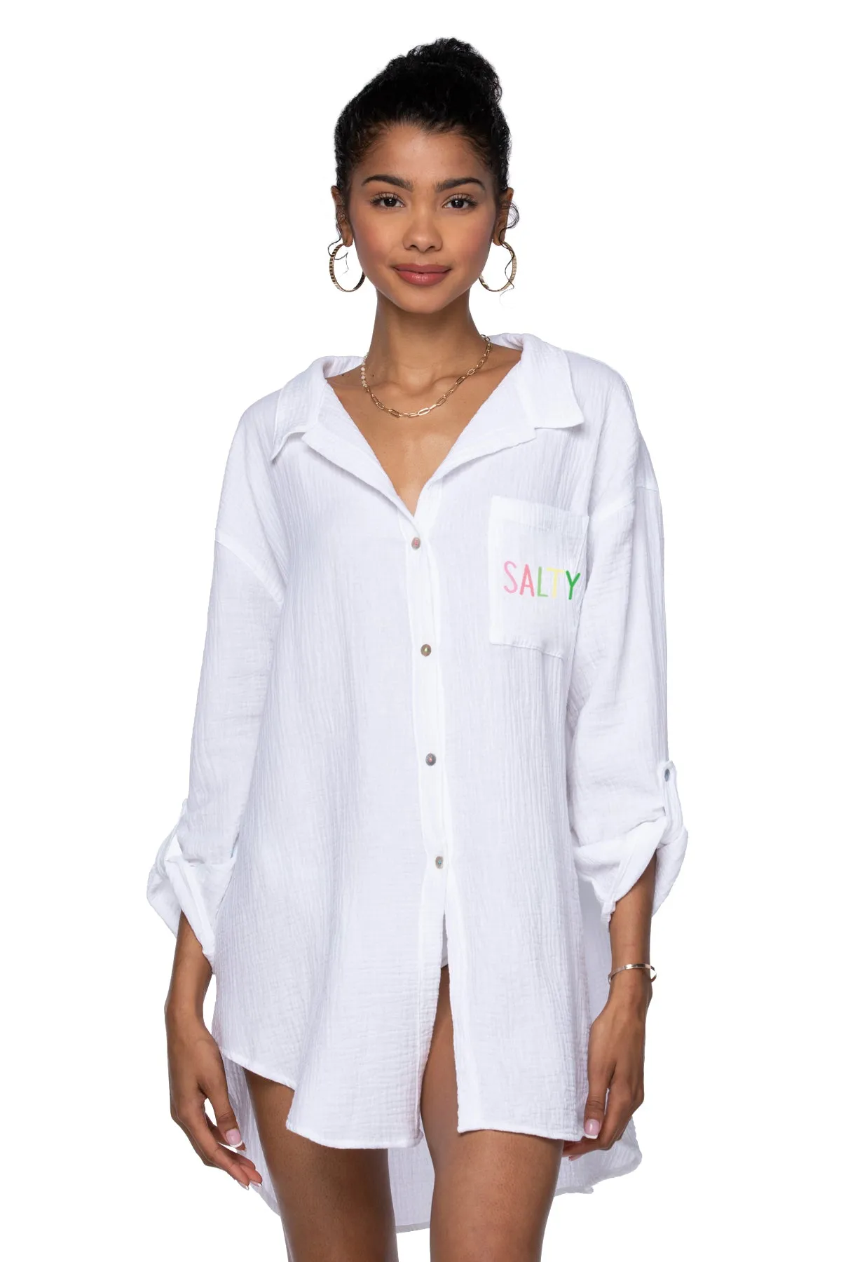 Good Vibes Cotton Gauze Shirt Mini Dress _ Salty Embroidery