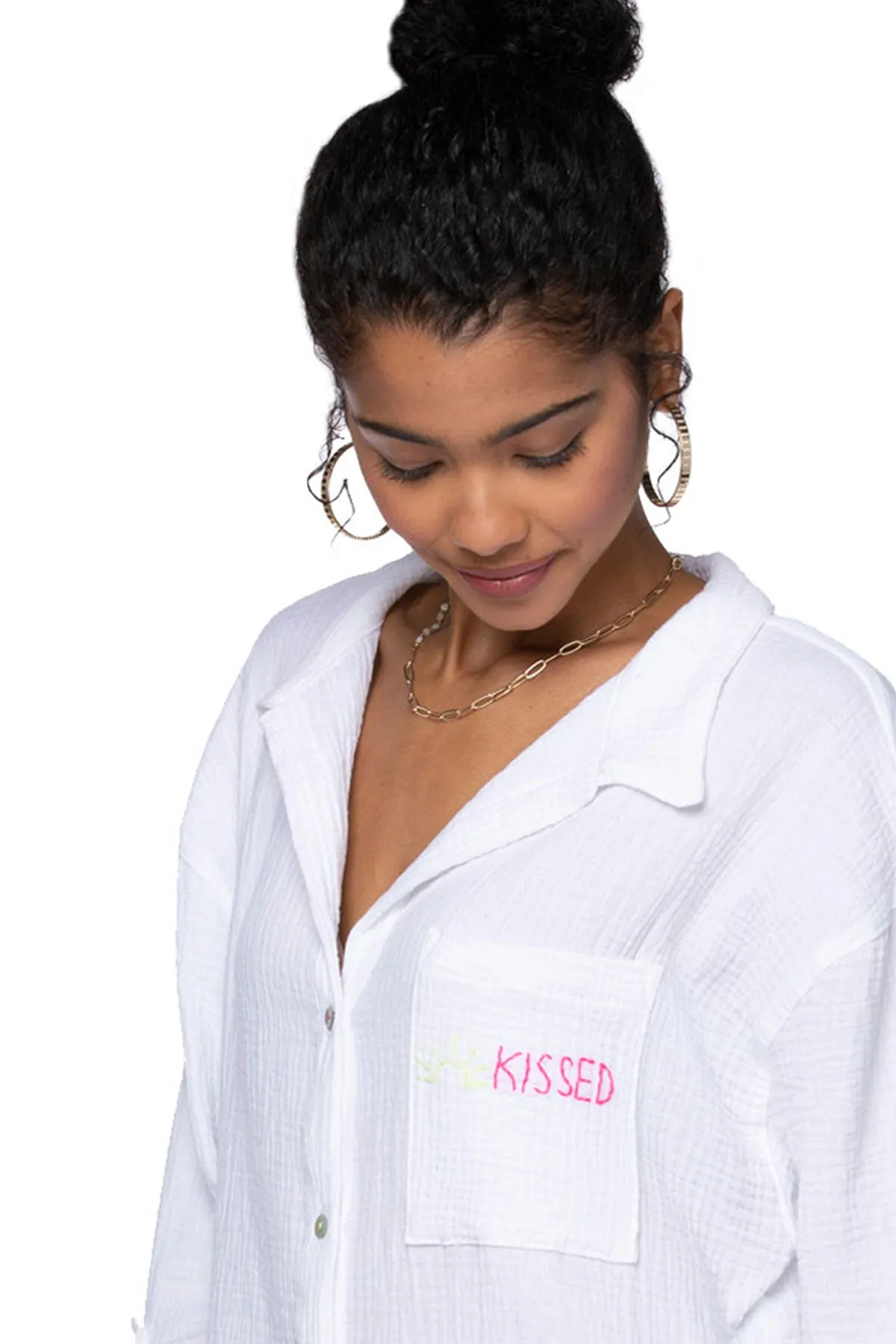 Good Vibes Cotton Gauze Shirt Mini Dress _ Sun Kissed Embroidery
