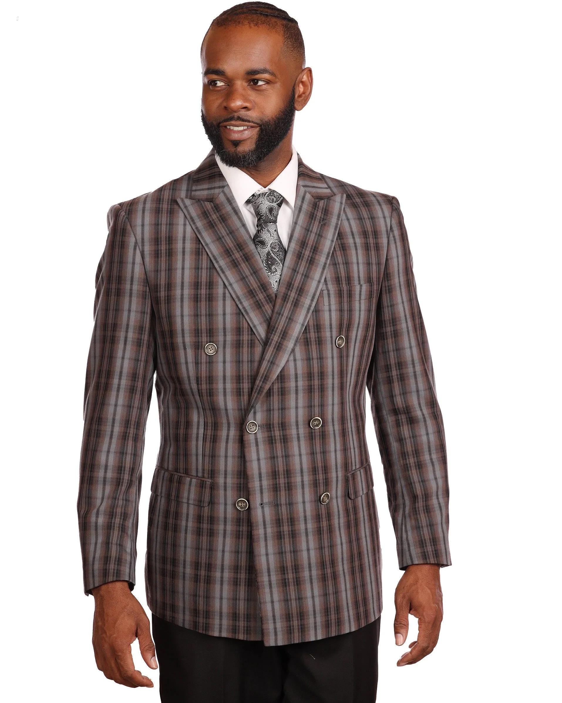GREY MEN'S DOUBLE-BREASTED SUIT MODERN-FIT PEAK LAPEL BLACK PANTS