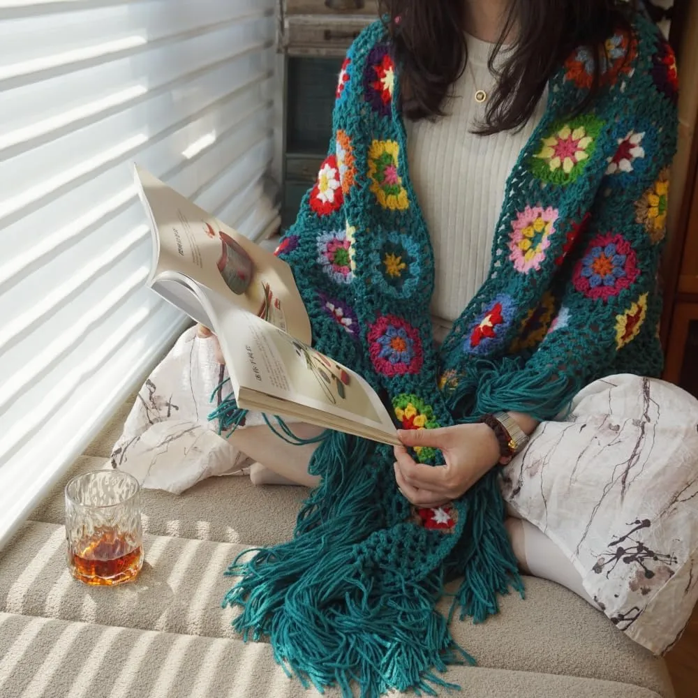 Handmade Crochet 70x34in Fringed Poncho Cape Shawls Wraps Granny Square Womens Coat Sweater