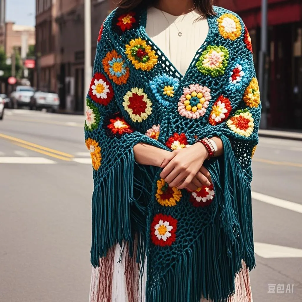 Handmade Crochet 70x34in Fringed Poncho Cape Shawls Wraps Granny Square Womens Coat Sweater