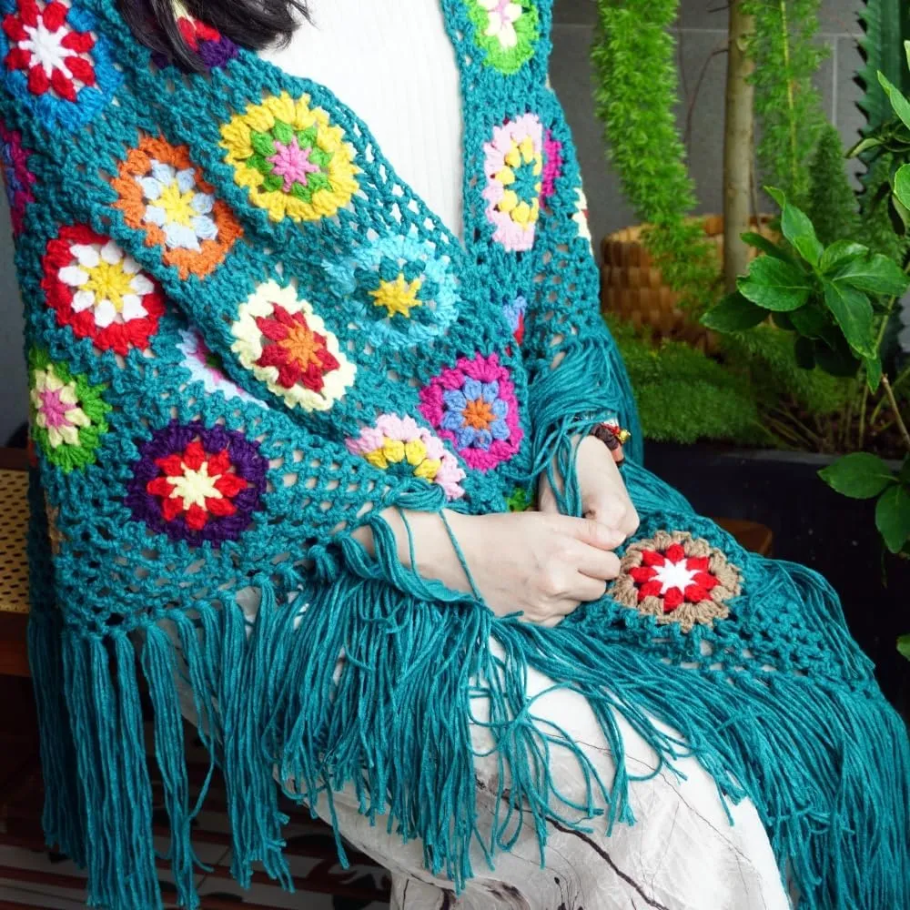 Handmade Crochet 70x34in Fringed Poncho Cape Shawls Wraps Granny Square Womens Coat Sweater