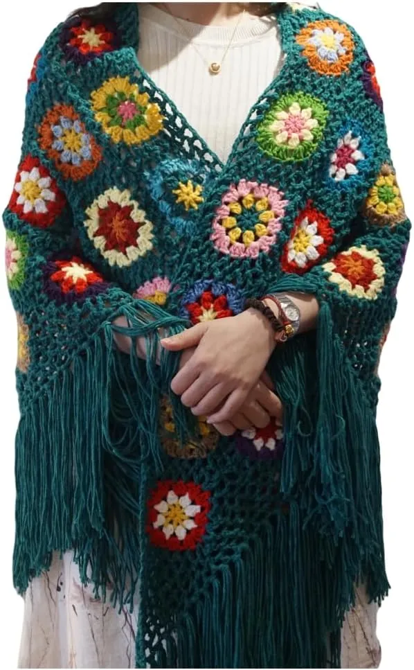 Handmade Crochet 70x34in Fringed Poncho Cape Shawls Wraps Granny Square Womens Coat Sweater