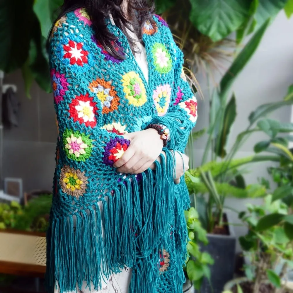 Handmade Crochet 70x34in Fringed Poncho Cape Shawls Wraps Granny Square Womens Coat Sweater