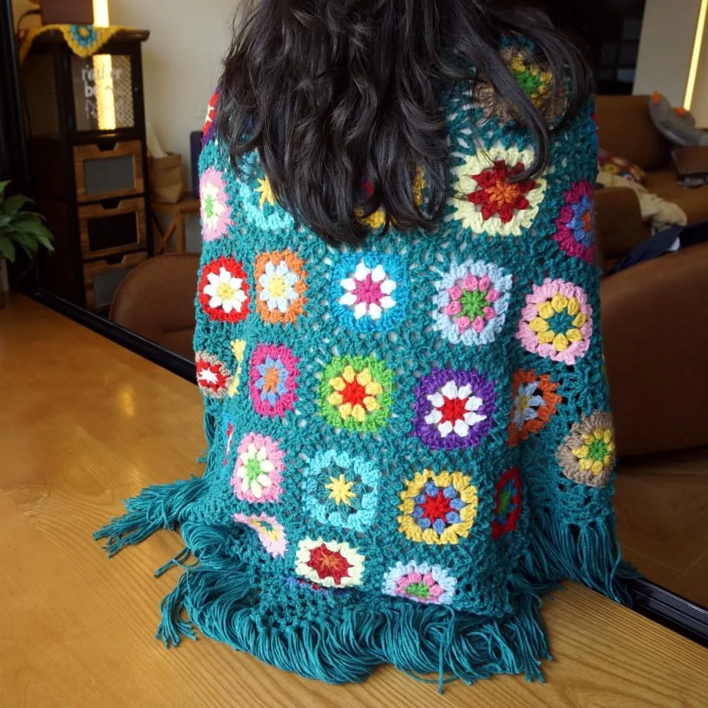 Handmade Crochet 70x34in Fringed Poncho Cape Shawls Wraps Granny Square Womens Coat Sweater