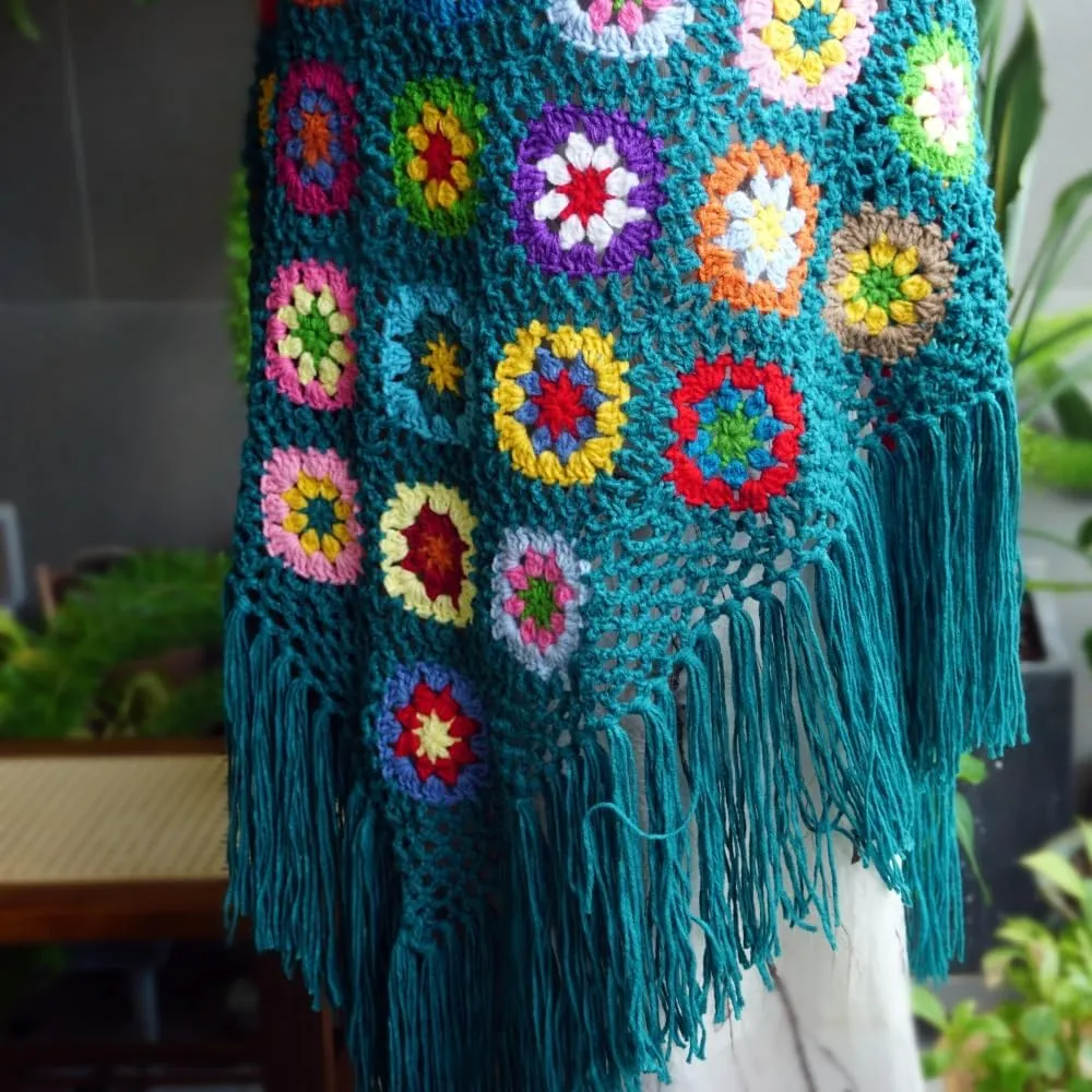Handmade Crochet 70x34in Fringed Poncho Cape Shawls Wraps Granny Square Womens Coat Sweater