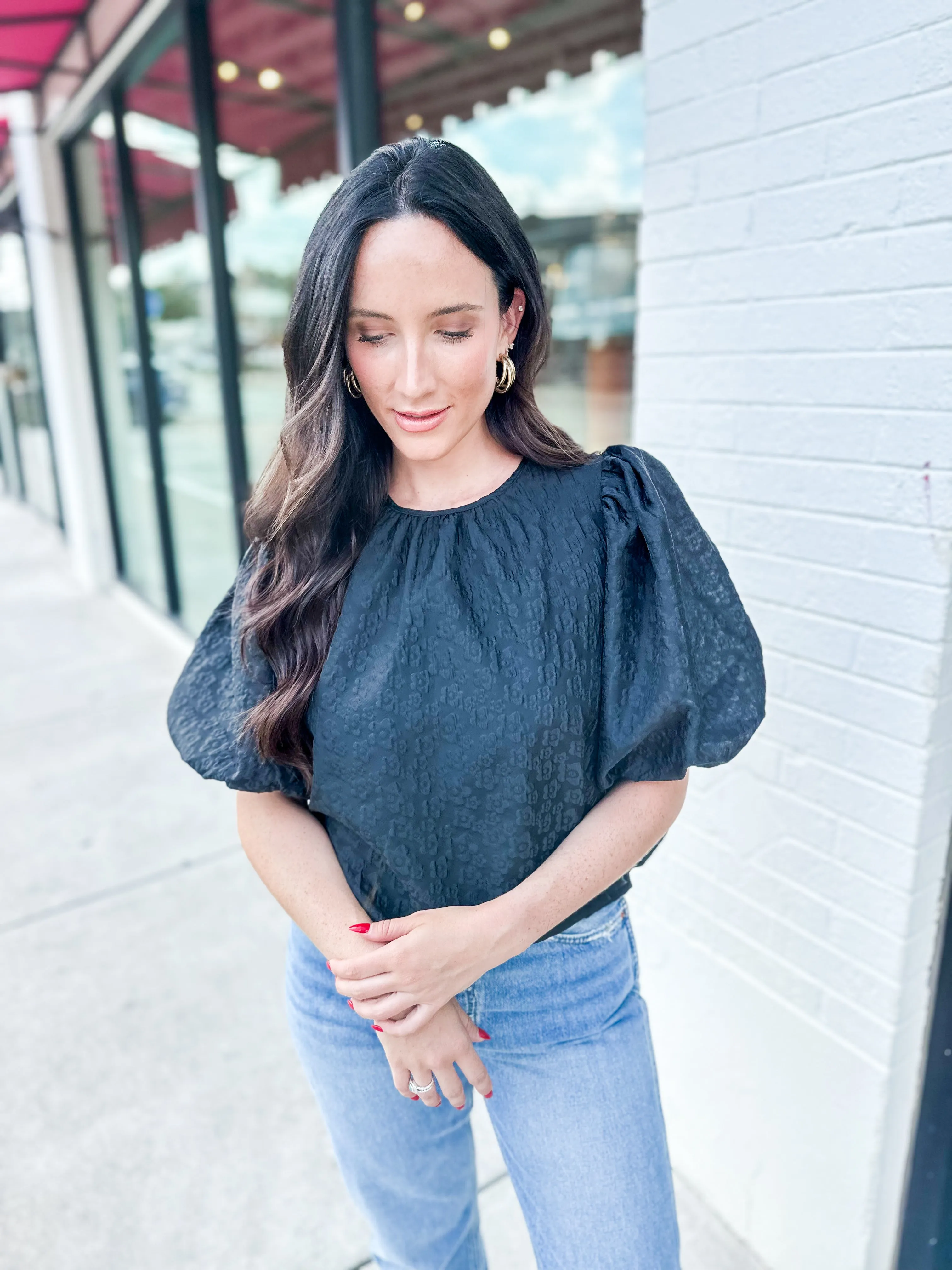 Jacquard Puff Sleeve Top
