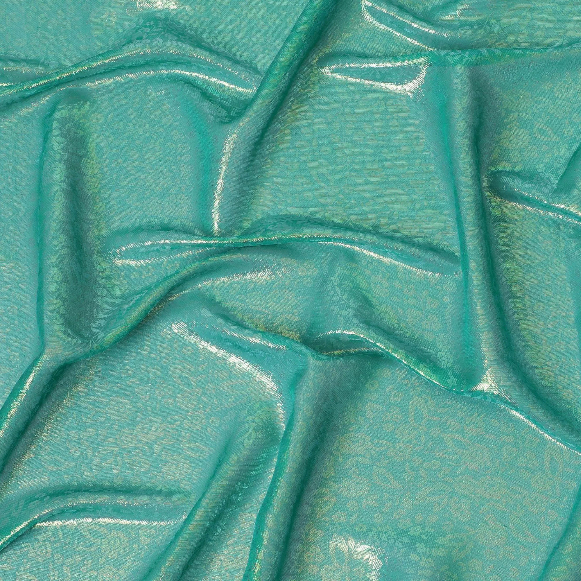 Jungle green pure silk chiffon garbasaar with same tone and gold metallic lurex in floral design-D9521