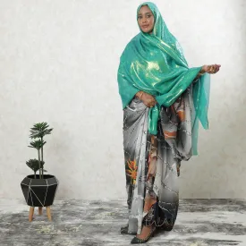 Jungle green pure silk chiffon garbasaar with same tone and gold metallic lurex in floral design-D9521