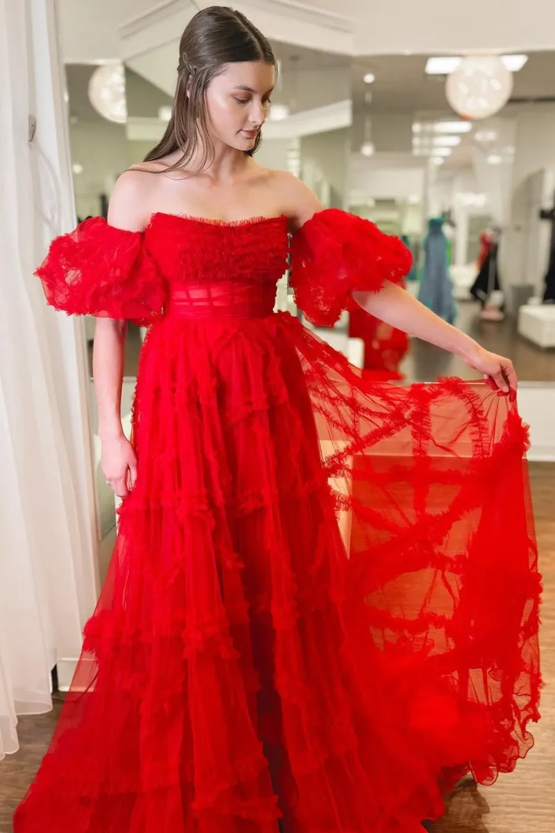 Lainey |A-Line Strapless Ruffles Long Formal Dress with Puff Sleeves