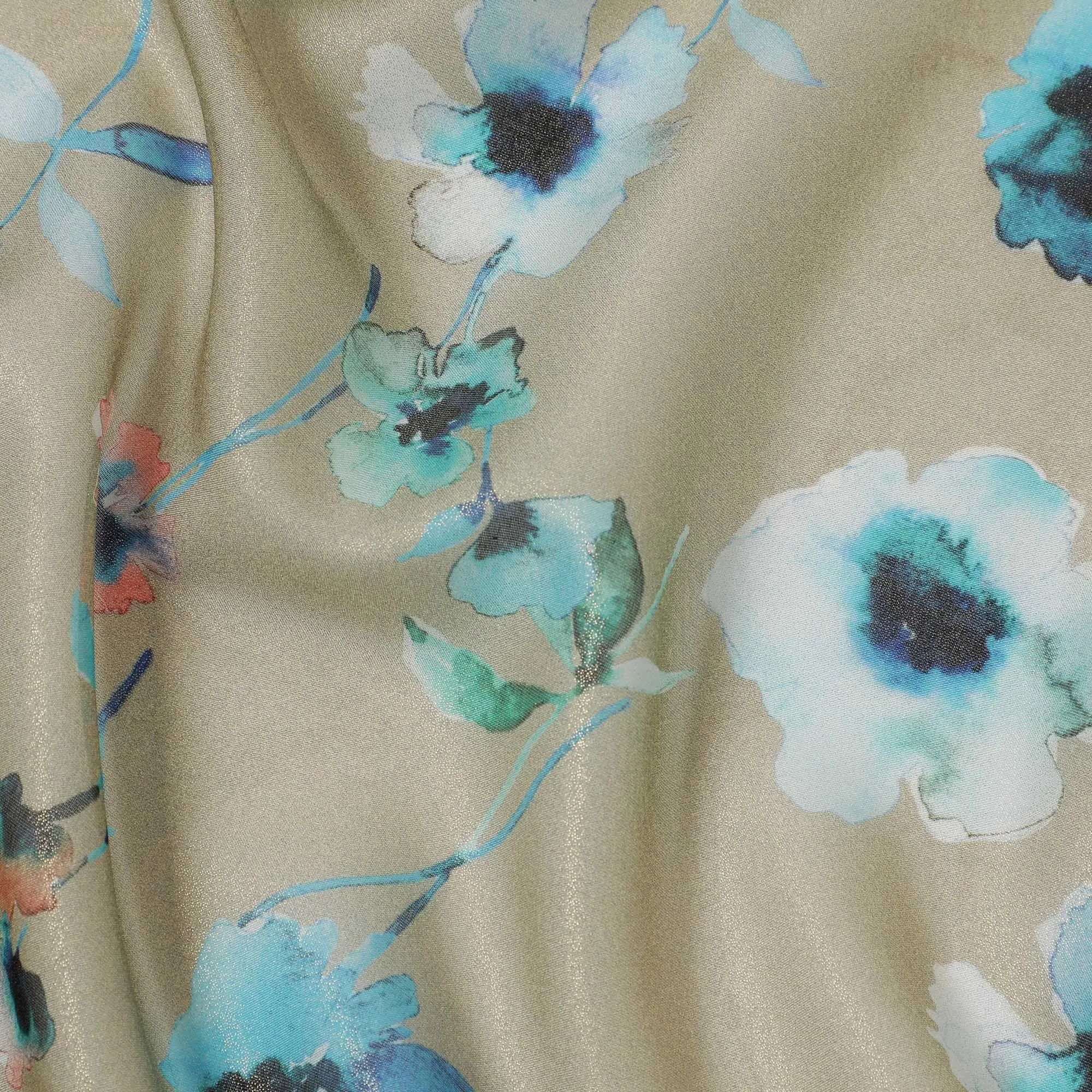 Latte beige silk chiffon fabric with turquoise blue, black and maya blue print in floral design