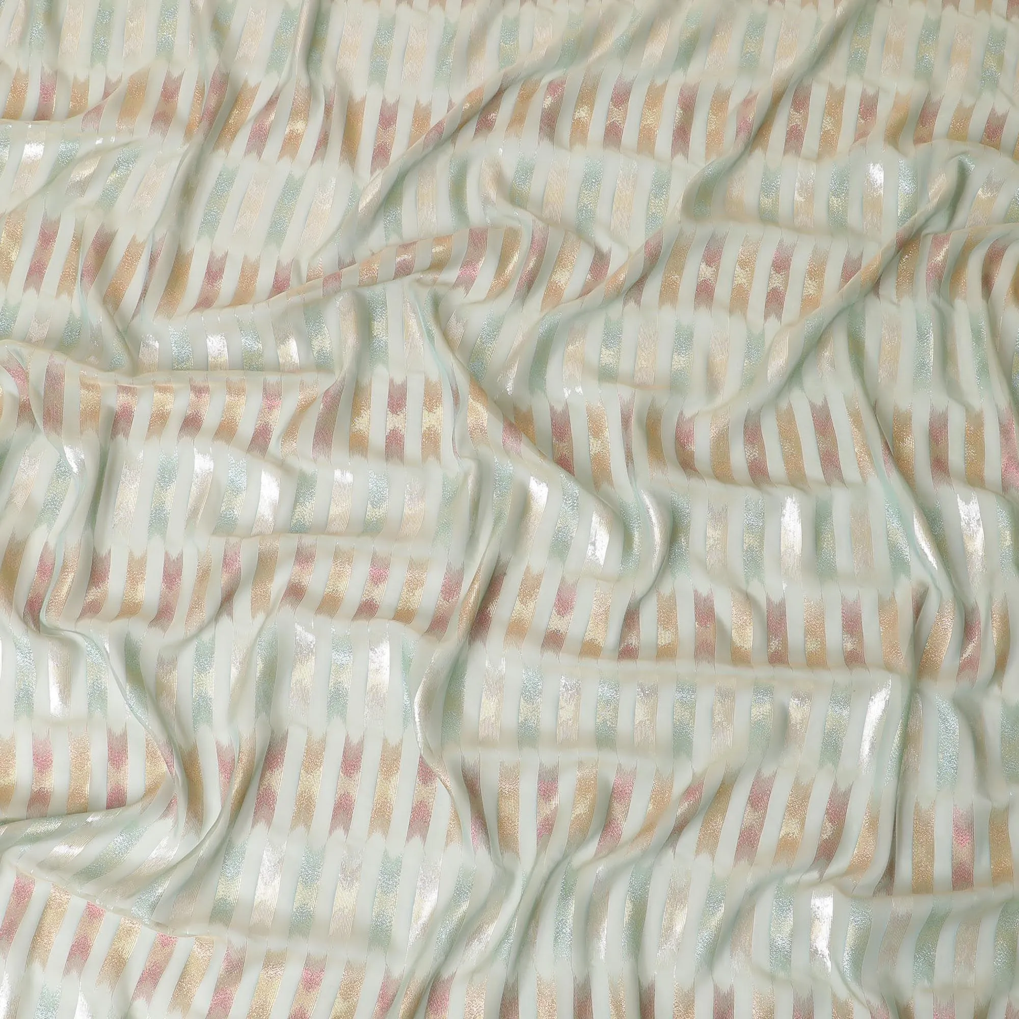 Laurel green premium pure silk chiffon fabric with multicolor metallic lurex in abstract design-D10041