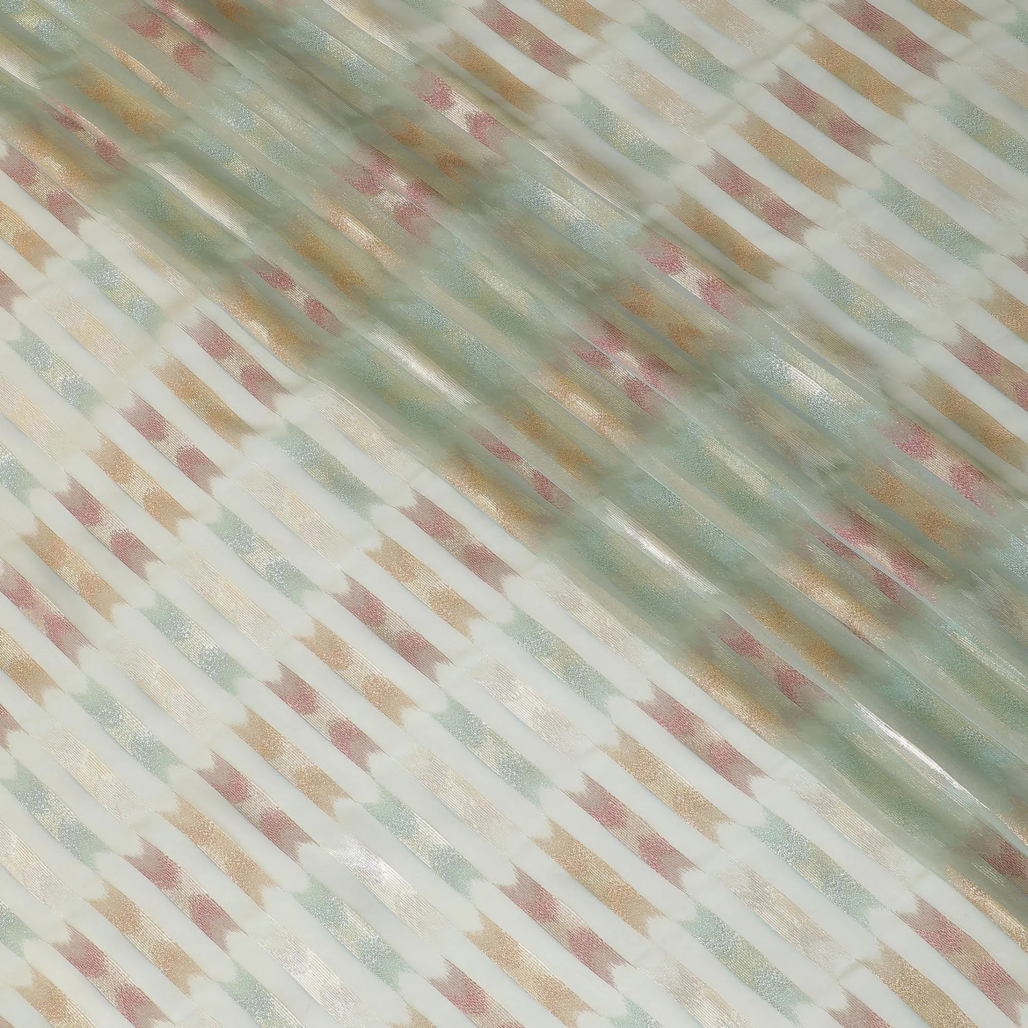 Laurel green premium pure silk chiffon fabric with multicolor metallic lurex in abstract design-D10041