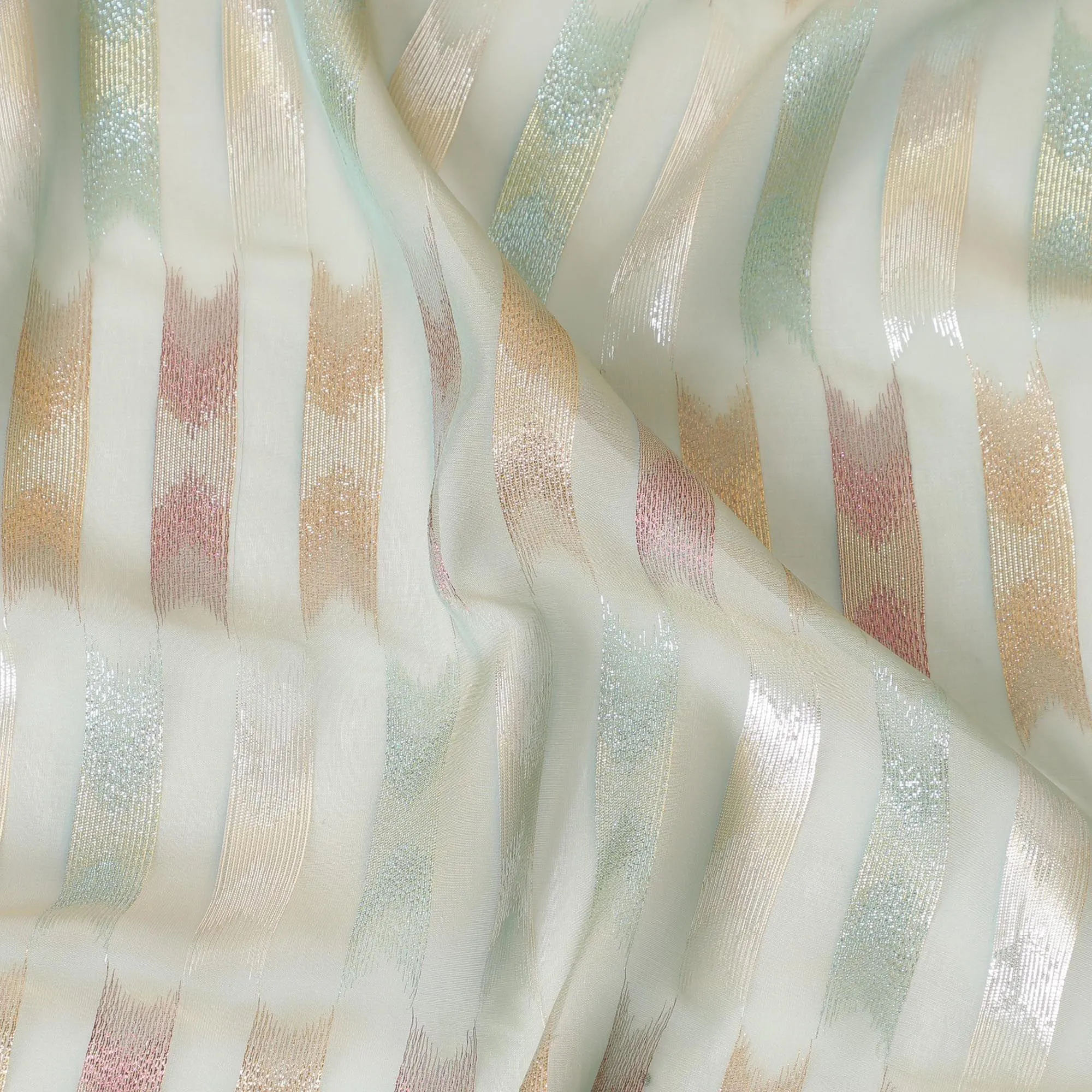Laurel green premium pure silk chiffon fabric with multicolor metallic lurex in abstract design-D10041