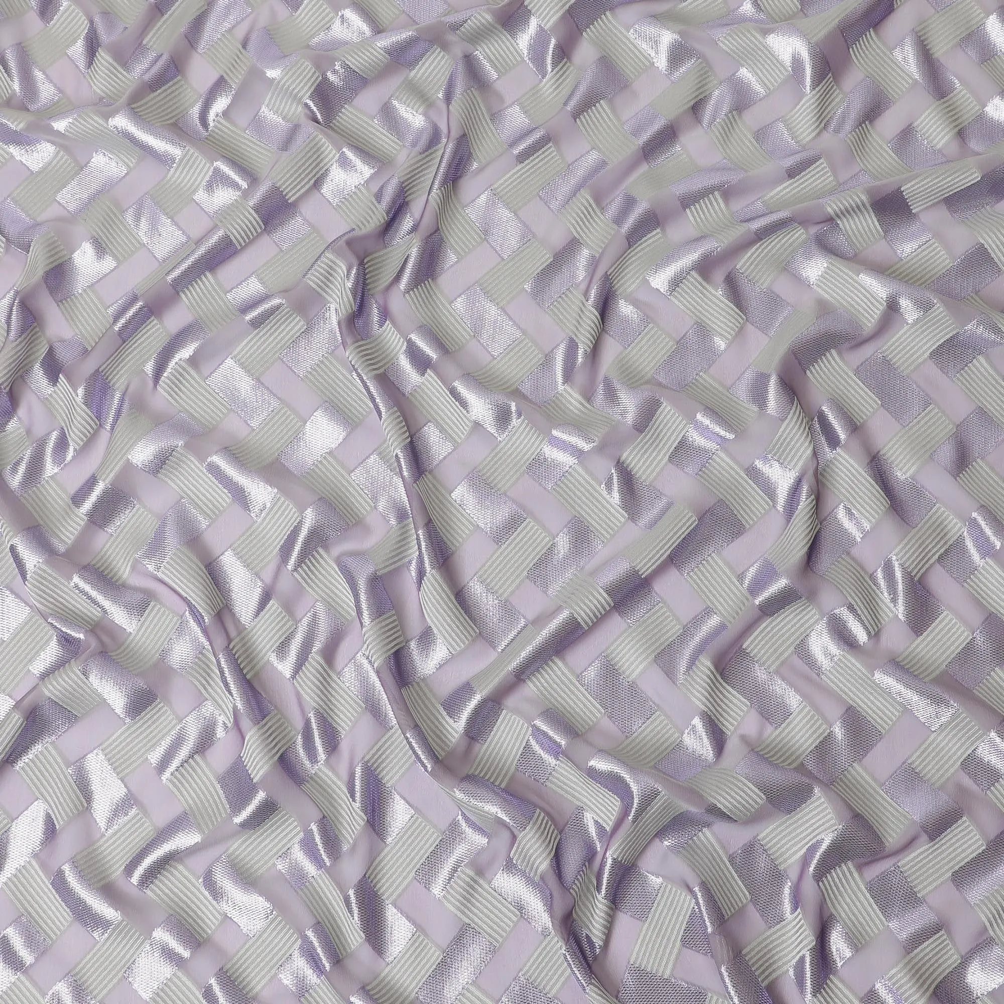 Lavender Premium pure French (Fransawi) silk chiffon fabric with cloud grey viscose and lavender metallic lurex in abstract design-D12719