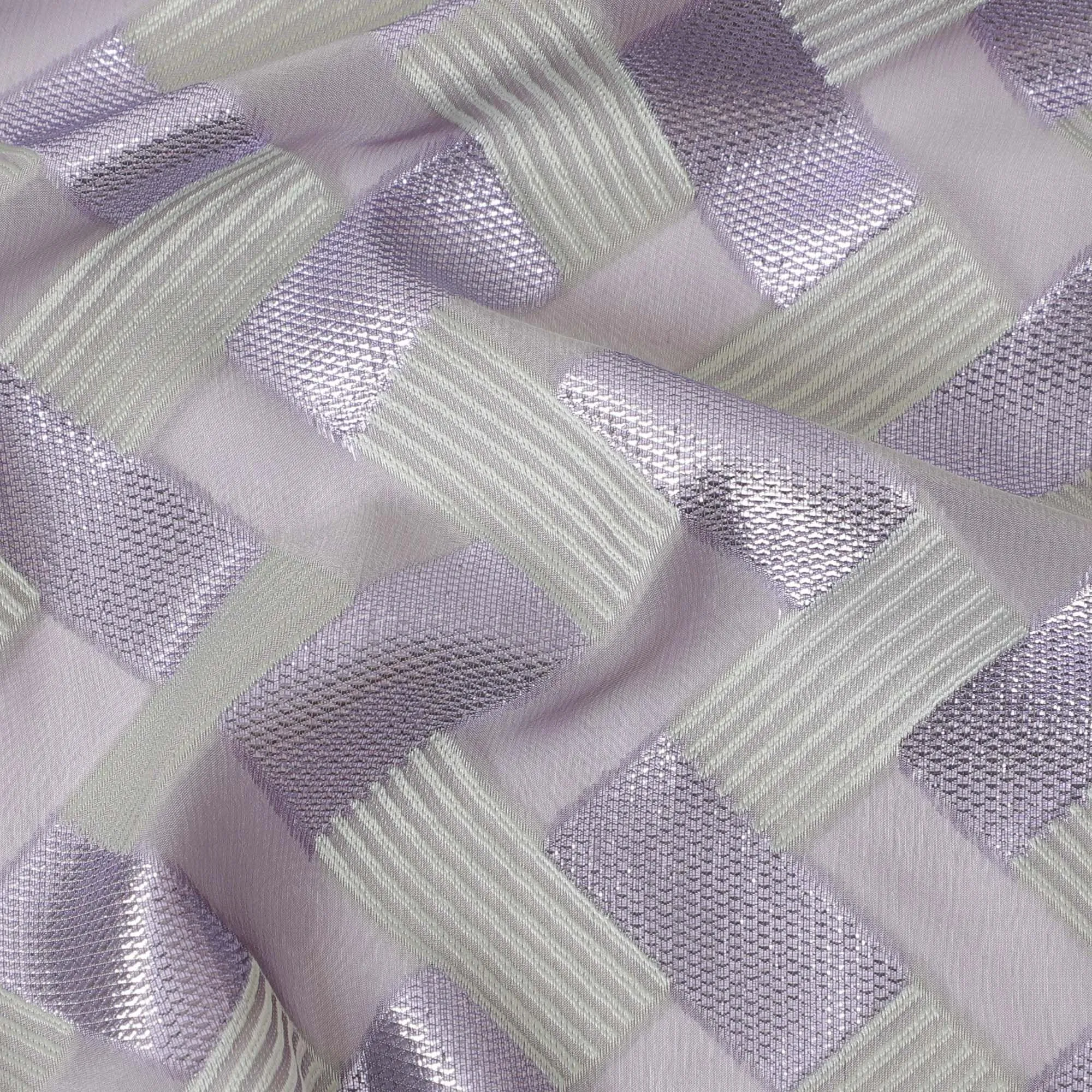 Lavender Premium pure French (Fransawi) silk chiffon fabric with cloud grey viscose and lavender metallic lurex in abstract design-D12719