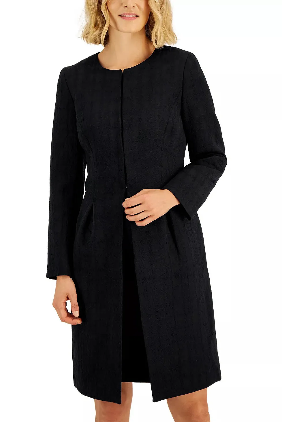 Le Suit Sleeveless Boat Neck Zipper Back Jacquard Dress with Collarless Hook & Eye Closure Jacket 2 Piece Set