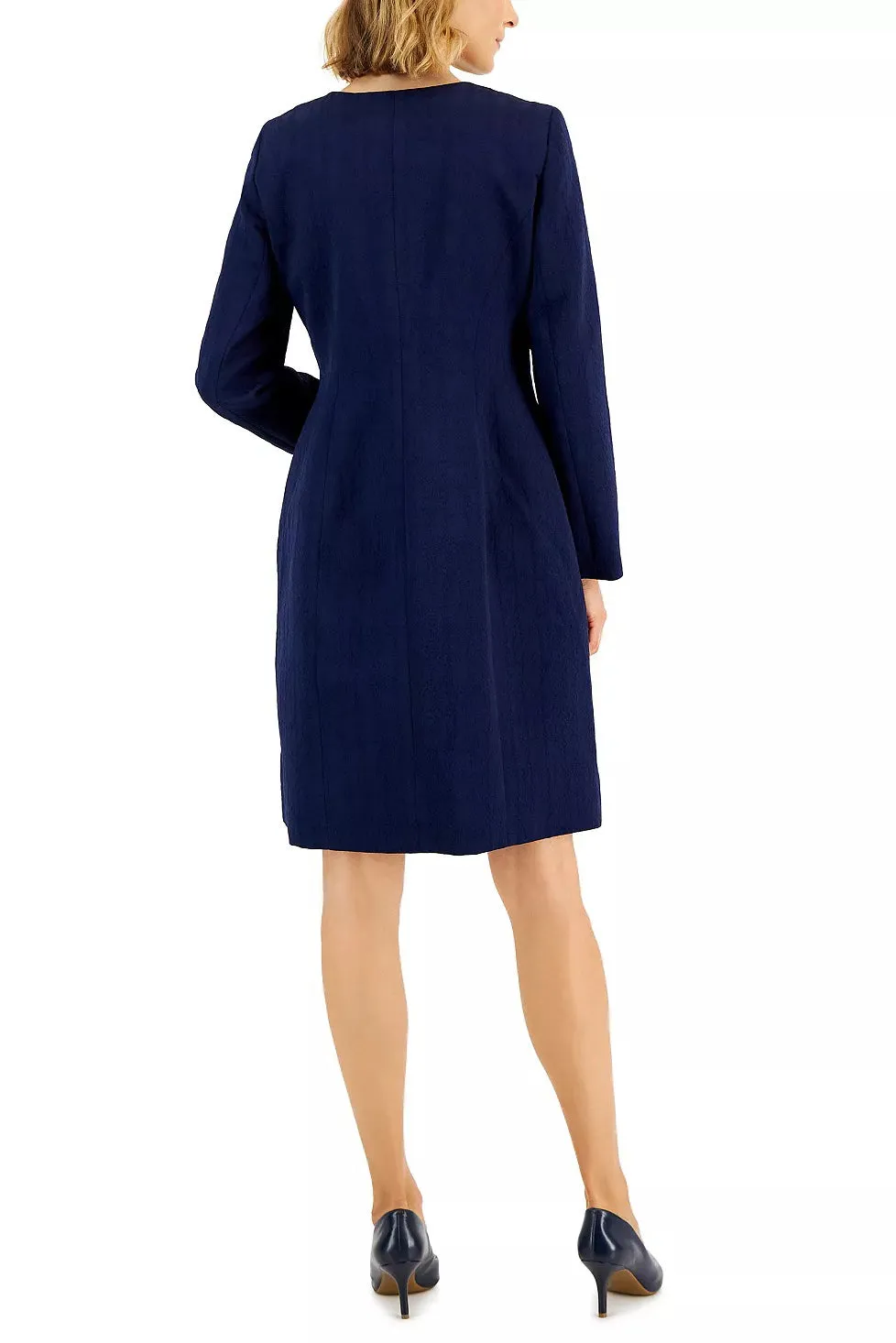 Le Suit Sleeveless Boat Neck Zipper Back Jacquard Dress with Collarless Hook & Eye Closure Jacket 2 Piece Set