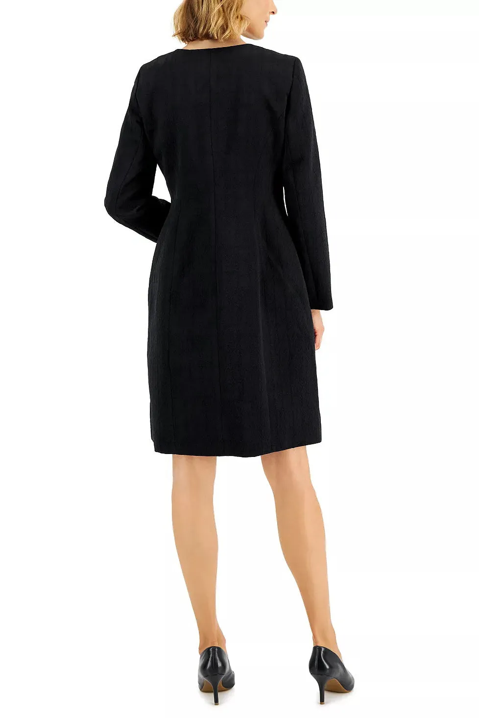 Le Suit Sleeveless Boat Neck Zipper Back Jacquard Dress with Collarless Hook & Eye Closure Jacket 2 Piece Set