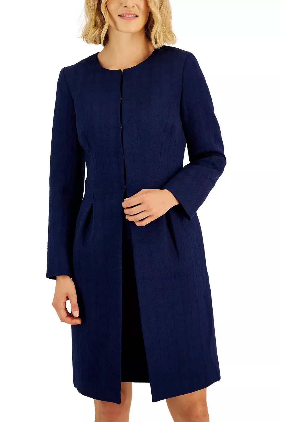 Le Suit Sleeveless Boat Neck Zipper Back Jacquard Dress with Collarless Hook & Eye Closure Jacket 2 Piece Set