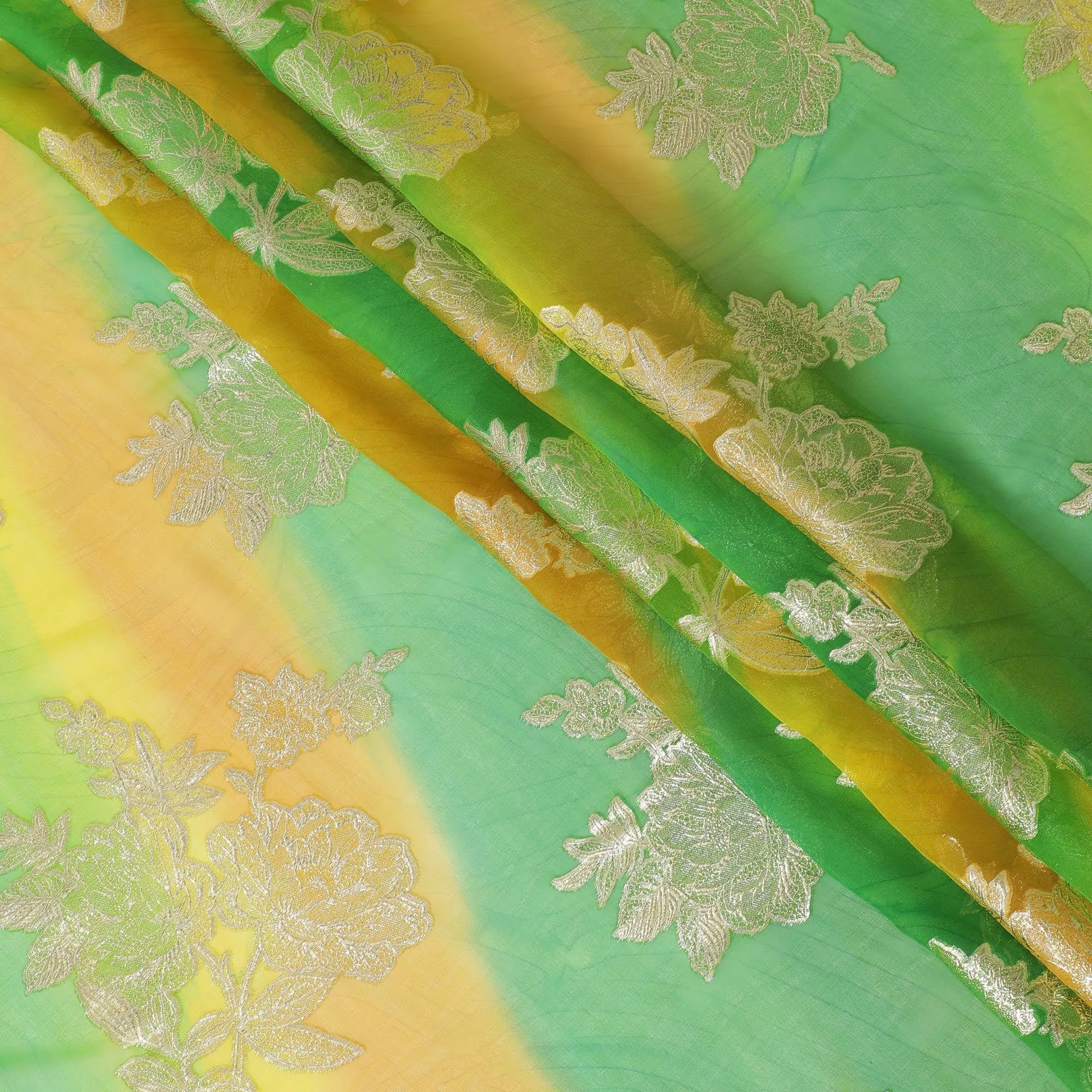 Lime green premium pure silk chiffon fabric with multicolor hand printed having gold metallic lurex in fancy design-D10414