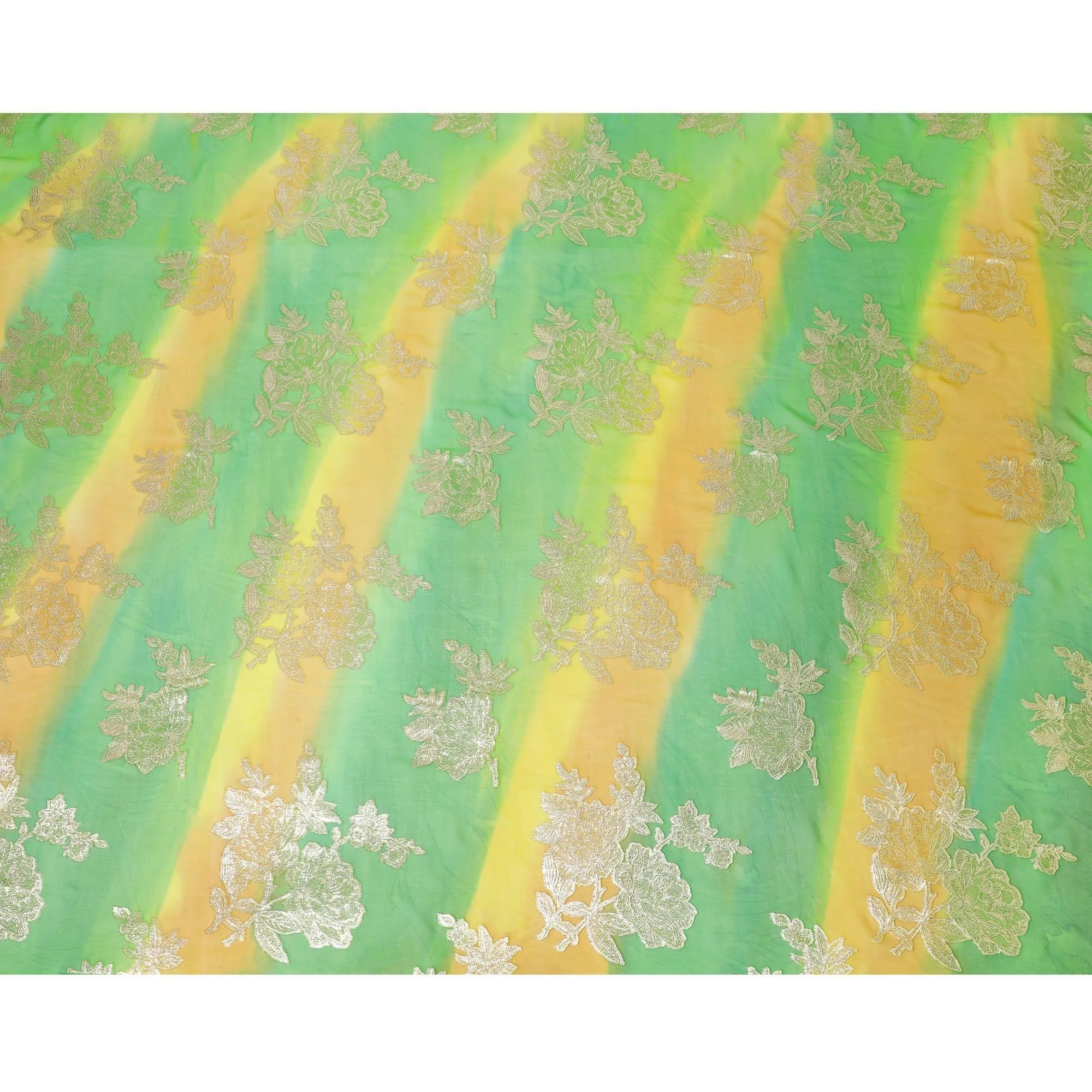 Lime green premium pure silk chiffon fabric with multicolor hand printed having gold metallic lurex in fancy design-D10414