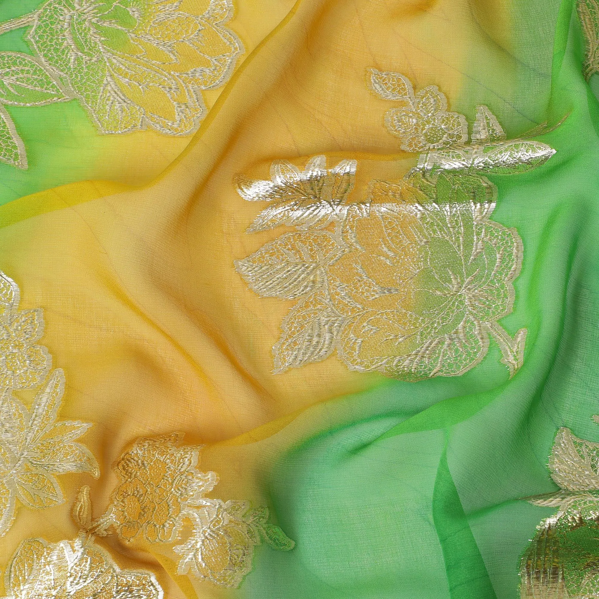 Lime green premium pure silk chiffon fabric with multicolor hand printed having gold metallic lurex in fancy design-D10414