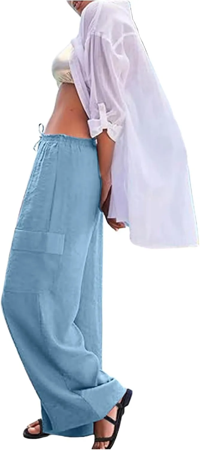 Linen Cargo Pants Women Summer Hiking Elastic High Waisted Wide Leg Trouser Beach Asual Baggy Palazzo Pants with Pockets