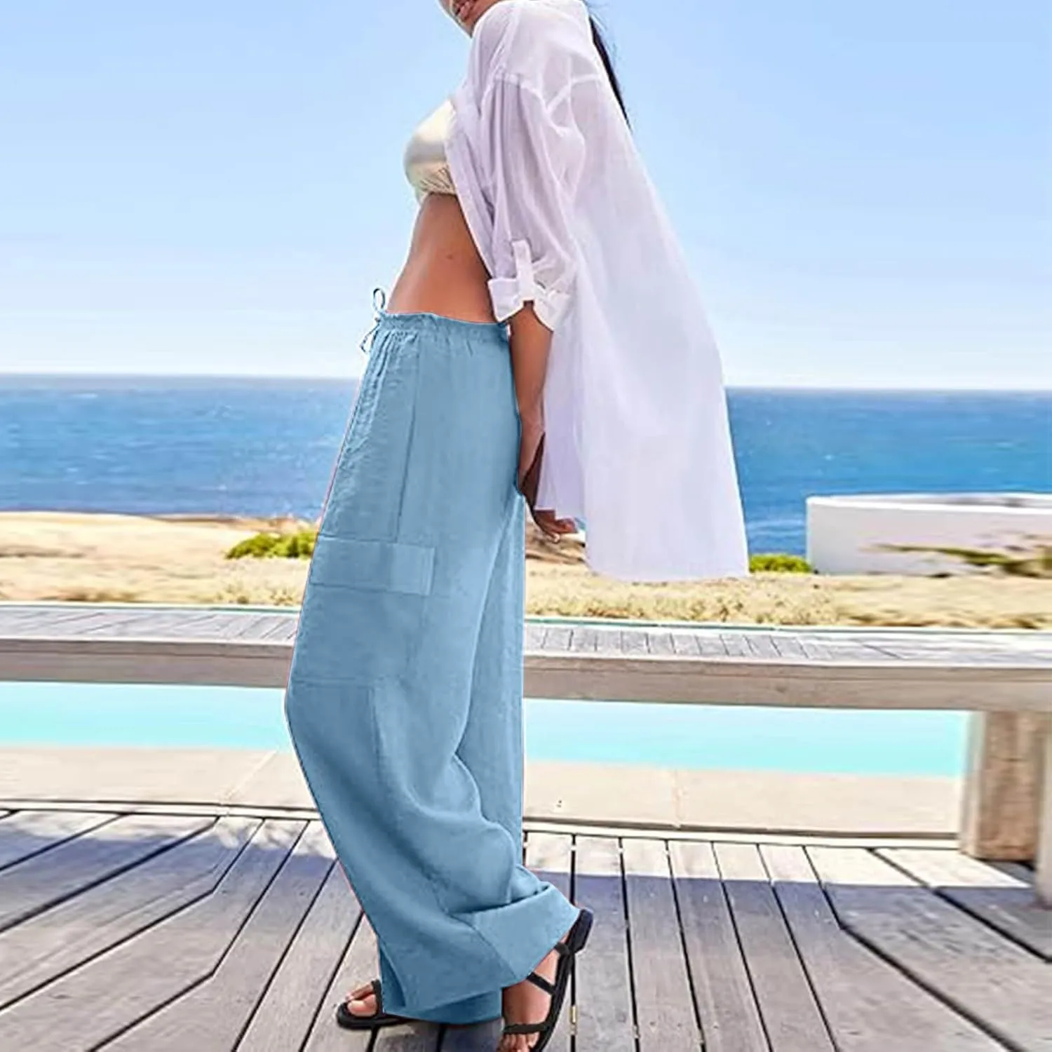 Linen Cargo Pants Women Summer Hiking Elastic High Waisted Wide Leg Trouser Beach Asual Baggy Palazzo Pants with Pockets