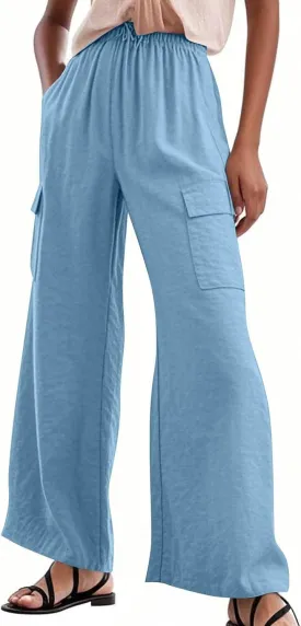 Linen Cargo Pants Women Summer Hiking Elastic High Waisted Wide Leg Trouser Beach Asual Baggy Palazzo Pants with Pockets
